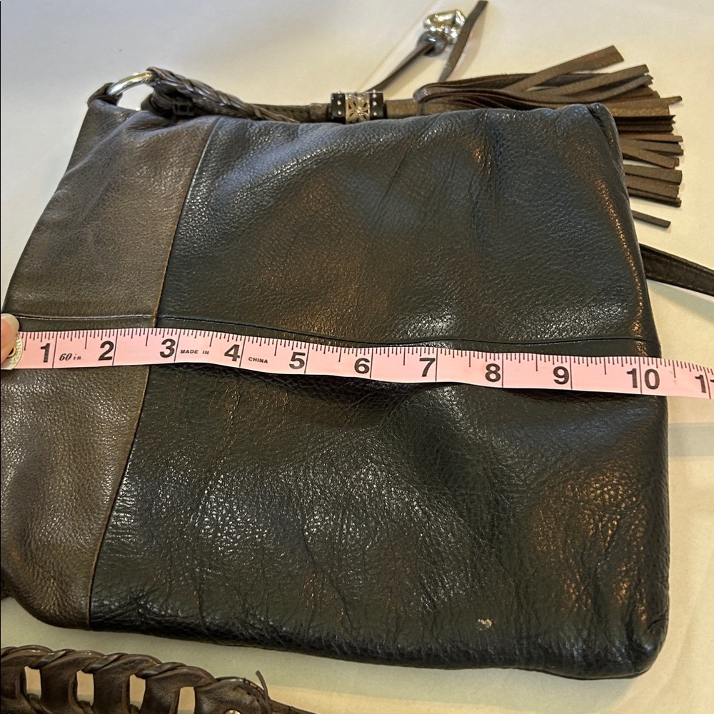 BRIGHTON  BLACK BROWN  LEATHER WITH BRAIDED STRAP & TASSLE DETAIL CROSSBODY BAG - Picture 12 of 12